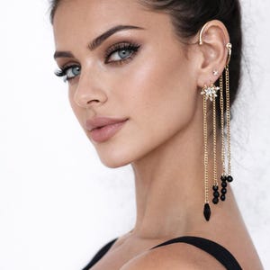 Black Beaded Gold Chain Ear Cuff: Bohemian Ear Climber