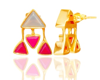 Ruby Gold Stud earrings -Posts-July Birthstone earrings-Labradorite Pink Ruby Gemstones-Minimalist-Designer -bezel set-Modern Jewelry-AHAAVI