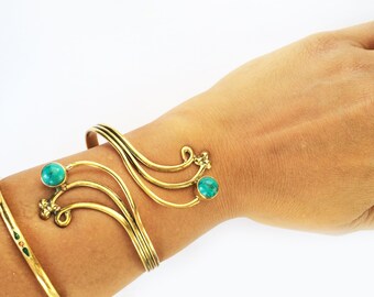 Gold CUFF bracelet- Stacking Bracelet- Turquoise & Gold bracelet- Adjustable-Gold bracelet by AHAAVI JEWELRY-Minimalist-Modern Jewelry