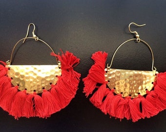 TASSEL EARRINGS-Red Gold Tassels earrings-Hammered Gold  hoop earrings-Bohemian earring-cotton tassel