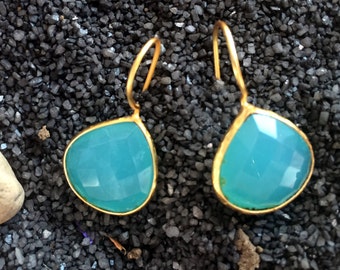 Bezel set earrings-Blue Chalcedony teardrop 18K gold filled Gemstone Earrings -minimalist- bridal jewelry- Gift for her-AHAAVI
