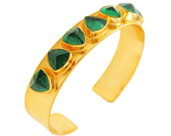 Gold Bracelet Cuff Minimalist Gold bracelet Green swarovski crystal cuff, Modern Bracelet,Geometric Bezel set,18K Gold filled Cuff AHAAVI