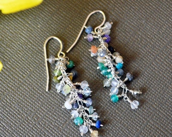 Sterling Silver earrings -cluster earrings-gemstones- Birthstone earrings-Minimalist-Designer jewelry-lapis,peridot,quartz, topaz, emerald
