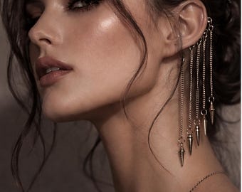 Spiked Gunmetal Ear Cuff: Black Chain Dangle Ear Climber, SOLD OUT Last Piece