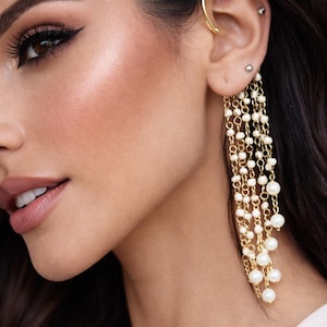 Bohemian Pearl Ear Cuff: Gold Dangle Ear Climber