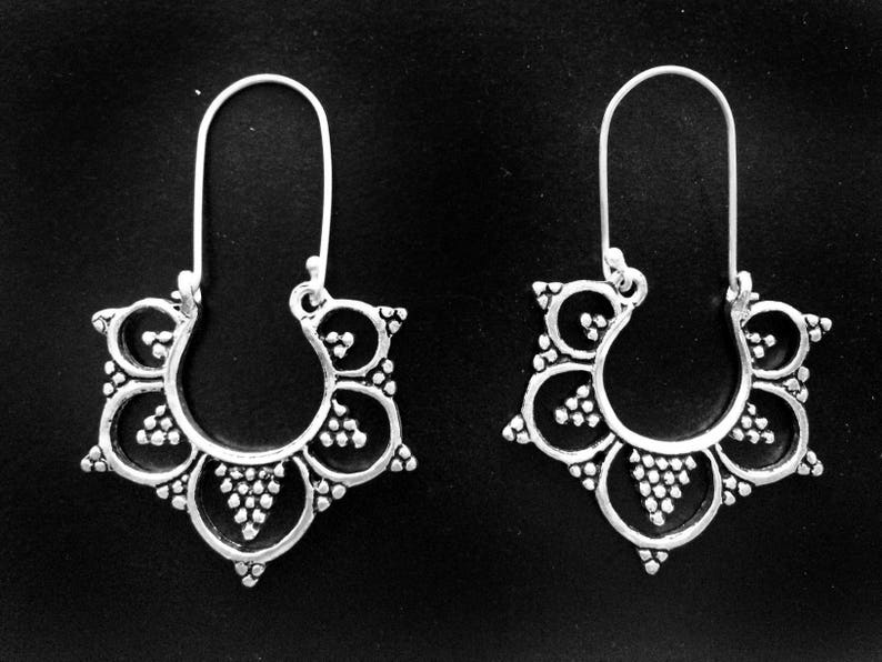 CLEARANCE SALE Tribal Silver Hoop earrings,Henna tattoo hoop Bohemian Jewelry,Filigree Silver hoops,BOHO Ethnic Mandala earrings coachella image 1