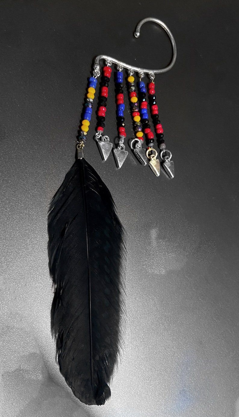 SALE FEATHER Ear Cuff-black feather Ear cuffs, silver Ear Jackets, African beaded Feather earrings, Nigerian boho beaded cuff image 4