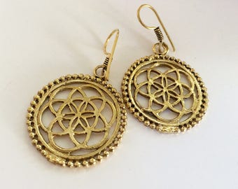 Gold Mandala Dangle Earrings: Brass Bohemian Jewelry