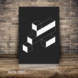 May include: A black and white geometric art print featuring a 3D cube design. The artwork is displayed on a wooden surface in front of a brick wall. The words "DIGITAL PRINTS" are printed at the bottom of the print.