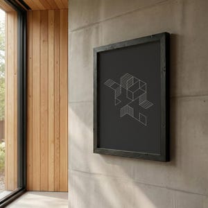 May include: A framed black and white geometric art print. The artwork features a minimalist design of interconnected lines and shapes. The frame is a dark, weathered wood, mounted on a concrete wall. The artwork adds a modern touch to the space.