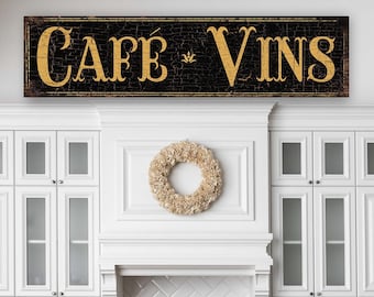 Cafe Coffee Wine Vins Sign French Country Decor Vintage Cafe Vins Paris BLACK Vintage Farmhouse Canvas Wall Art Rustic Kitchen Decor Dining