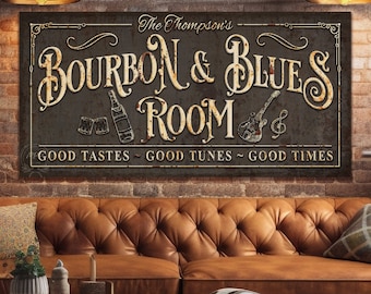 CUSTOM Personalized BOURBON & BLUES Sign Rustic Wall Art Vintage Man Cave Modern Farmhouse Basement Bar Decor Family Name Sign Gift For Him