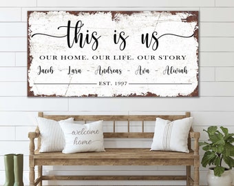 Farmhouse Wall Decor THIS IS US Sign Family Wedding Home Housewarming Gift Personalized Family Name Wall Art Established Year House Warming