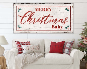 Vintage Christmas MERRY CHRISTMAS BABY Sign Modern Farmhouse Distressed Canvas Rustic Wall Decor Large Home Decor Signs Christmas Sign