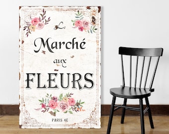 For Her French Country Decor Wall Art Vintage Sign Marché aux Fleurs Paris Flower Market Large Dark Canvas Living Room Dining Bedroom Home