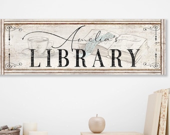 Personalized LIBRARY Name Sign Wall Decor Vintage Custom Reading Nook Or Corner Canvas