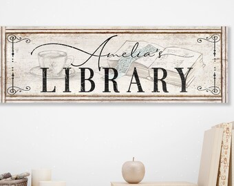 Name Sign LIBRARY Personalized Vintage Custom Farmhouse Reading Corner Large Rustic Print Wall Decor