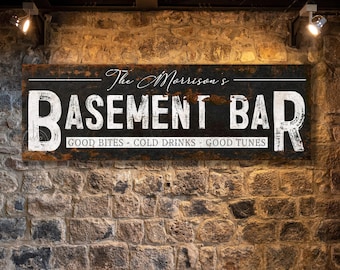 Basement Bar Sign Home Wall Decor Custom Personalized Last Name Art Rustic Canvas