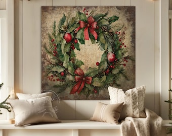 May include: A square wall art print featuring a detailed illustration of a Christmas wreath composed of green pine branches, holly leaves, red berries, pinecones, and two prominent red bows against a textured, vintage-style beige background.