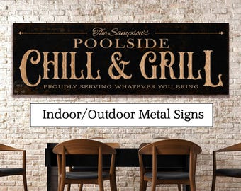 Personalized Poolside Chill Grill Metal Sign, Vintage Modern Farmhouse Outdoor Wall Art