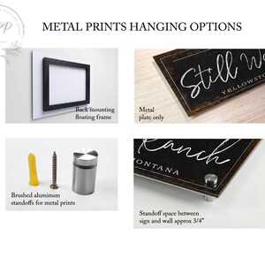 The image is a collage of four different metal hanging options, including a back-mounted floating frame, a metal plate, a brushed aluminum standoffs for metal prints, and a metal sign with a standoff between the sign and wall.