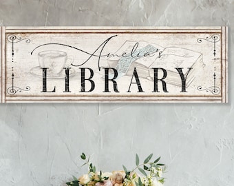 LIBRARY Sign Decor Custom Personalized Reading Nook Corner Name Sign Farmhouse Wall Art Home Library Reading Room Gift For Mom Her Librarian