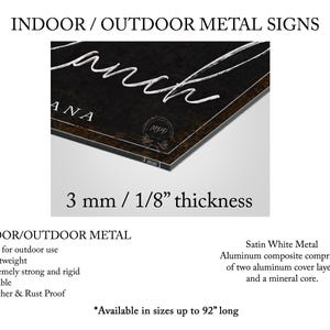 The image is a close-up of a black metal sign with white text, likely used for indoor or outdoor metal signs.