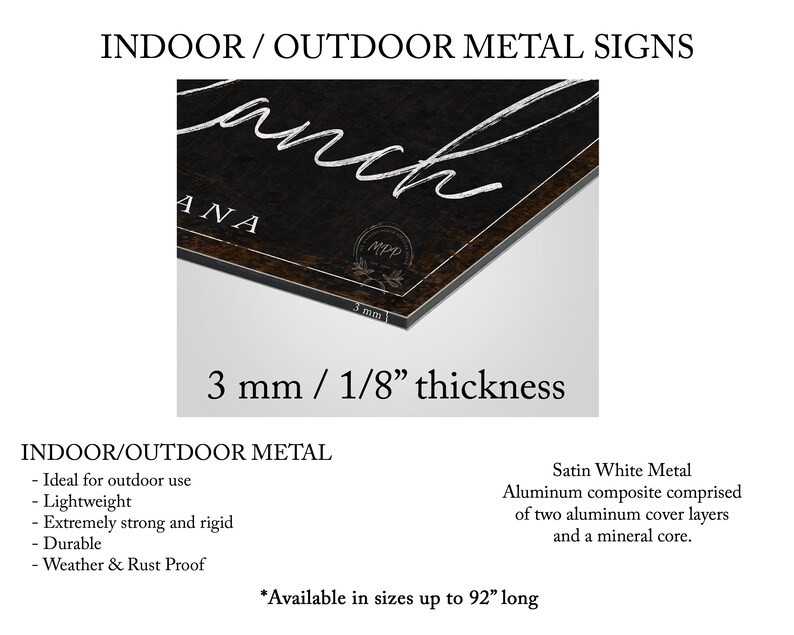 The image is a close-up of a black metal sign with white text, likely used for indoor or outdoor metal signs.