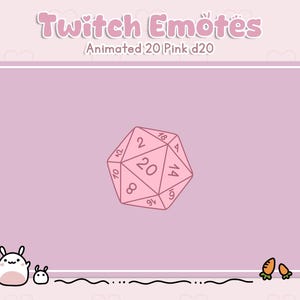 Puede incluir: Emoticono animado de Twitch rosa con un dado de 20 caras con el número 20 hacia arriba. El emoticono está sobre un fondo rosa con un borde blanco y una línea ondulada blanca en la parte inferior. El texto "Twitch Emotes" y "Animated 20 Pink d20" está en la parte superior de la imagen.