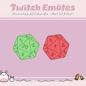 Puede incluir: Dos emotes animados de Twitch de un dado de veinte caras, uno verde y otro rojo, con los números 20 y 1 mostrando, respectivamente. Los emotes están sobre un fondo rosa con corazones y una línea ondulada en la parte inferior.