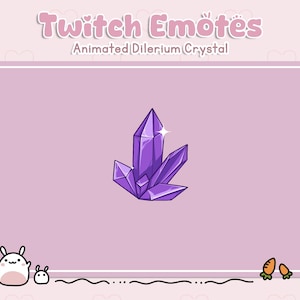 May include: Purple crystal Twitch emote with a pink background and white hearts. The text "Twitch Emotes" and "Animated Dillerium Crystal" is at the top of the image.