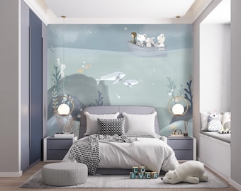 Ocean Wallpaper | Custom Design Kids and Nursery Room Decor | Animals, Waves, Boats