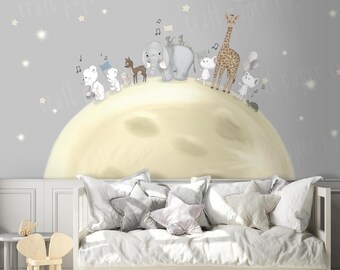 Moon with Animals Wallpaper | Custom Design Kids and Nursery Room Decor | Moon Space Theme