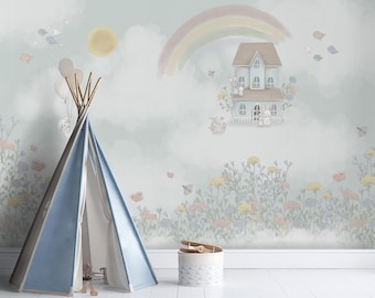 Rainbow, Flowered, Clouds and Balloons Wallpaper | Custom Design Kids and Nursery Room Decor