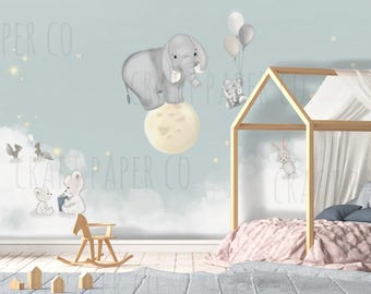 Animals, Clouds and Balloons Wallpaper | Custom Design Moon and Elephant Nursery Decor
