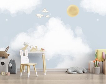 Clouds Custom Design Wallpaper | Sun Birds Kids Nursery Room Decor | Animals,Name, Drawing illustration