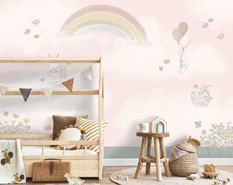 Rainbow, Flowered, Clouds and Balloons Wallpaper | Custom Design Kids and Nursery Room Decor