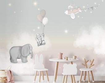 Elephants, Clouds and Balloons Wallpaper | Custom Design Whimsical Nursery Decor