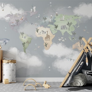 Papier peint carte du monde | Décoration de chambre d'enfant et de bébé entièrement personnalisable | Nuages de la Terre | Papier autocollant, amovible