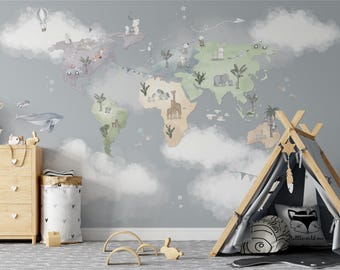 World Map Wallpaper | Fully Custom Designizable Kids & Nursery Room Decor | Earth Clouds