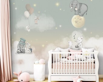Elephants, Clouds and Balloons Wallpaper | Custom Design Moon and Elephant Nursery Decor