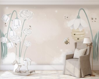 Floral and Bee Nest Wallpaper – Custom Designizable Nursery, Kids Room | Spring Honey Flowered