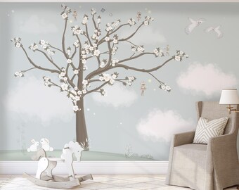 Blossom Floral and Clouds Wallpaper | Custom Design Kids & Nursery Room Decor | Tree Wall Mural