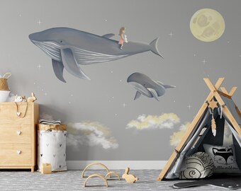 Whale On Clouds Wallpaper | Custom Design Kids and Nursery Room Decor | Dreamy Whimsical
