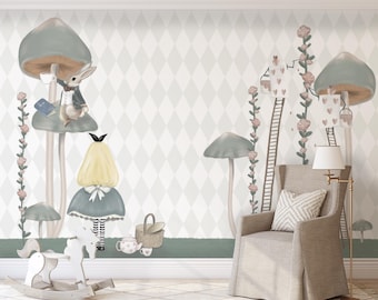 Wonderland Theme Wallpaper | Custom Design Kids and Nursery Room Decor | Alice, Playcard