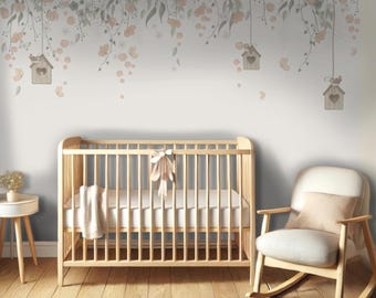 Flowers and Bird Nest Custom Design Wallpaper | Nature Flowered Kids and Nursery Room Decor