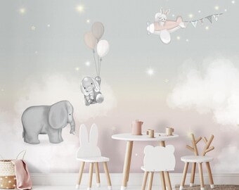 Clouds and Elephants Custom Designizable Wallpaper | Clouds, Stars | Toddler Nursery Decor