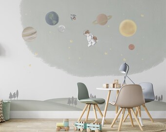 Watercolor Space and Astronaut Wallpaper | Custom Design Kids & Nursery Room Decor | Mars, Saturn