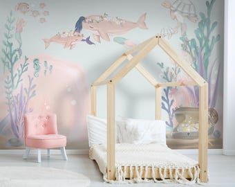 Mermaid and Ocean Wallpaper | Custom Design Kids and Nursery Room Decor | Sea, Seashells