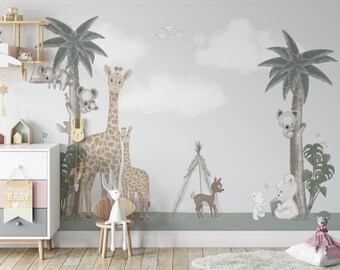 Jungle and Animals Forest Wallpaper | Custom Design Kids & Nursery Room Decor | Koala Jungle Theme